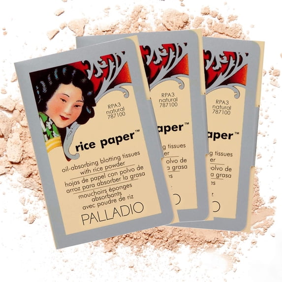 "Palladio Rice Paper Facial Tissues for Oily Skin, Face Blotting Sheets Made from Natural Rice, Oil Absorbing Paper with Rice Powder, 2 Sided, Instant Results, Natural, 40 Count, Pack of 3"