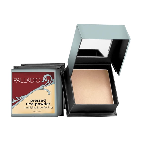 "Palladio, Pressed Rice Powder with Mirror Mattifying Makeup Setting that Lasts All Day Instantly Absorbs Oil Works alone or with makeup, Natural, 0.26 Ounce"