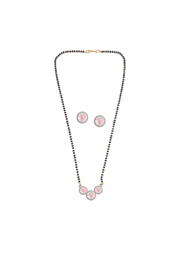 Mangalsutra with Earrings Ad Cz Pink Stone Two-Tone Silver Gold Plated Black Crystal Beads Chain Tanmaniyam Nallapusalu Jewelry for Women