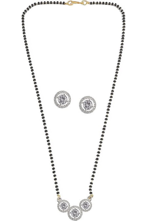 Mangalsutra with Earrings Ad Cz White Stone Two-Tone Silver Gold Plated Black Crystal Beads Chain Tanmaniyam Nallapusalu Jewelry for Women