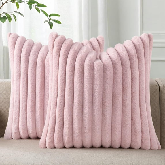 Pallene Faux Fur Plush Throw Pillow Covers 20x20 Set of 2, Luxury Soft Fluffy Striped Decorative Pillow Covers for Sofa, Couch, Living Room, Blush Pink