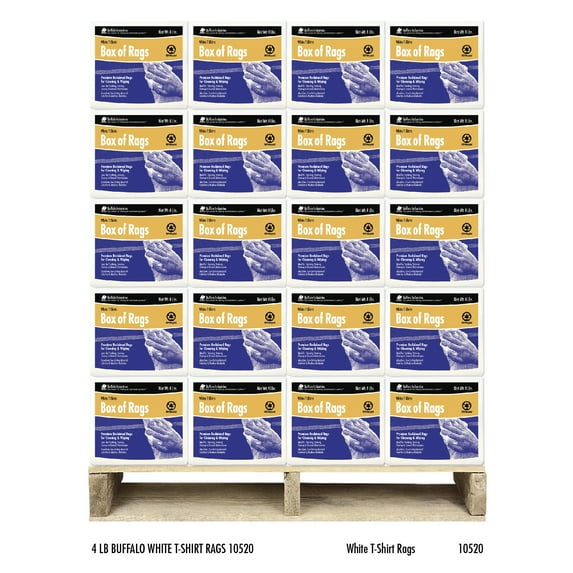 Pallet (120 ct) of 4 lb Buffalo Industries 10520 White Tee-Shirt Recycled Knit Cloth Rag