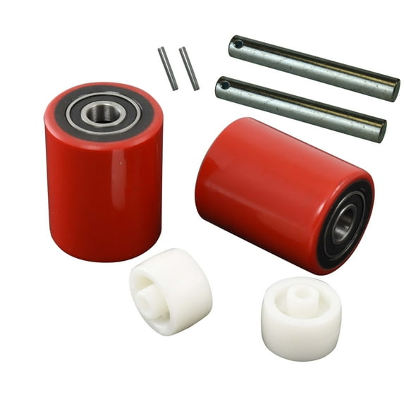 Pallet Jack/Truck Load Wheels Set with Axles and Entry Exit Roller (4 pcs) 2.75" x 3.75" with Bearings ID 20mm Poly Tread Red