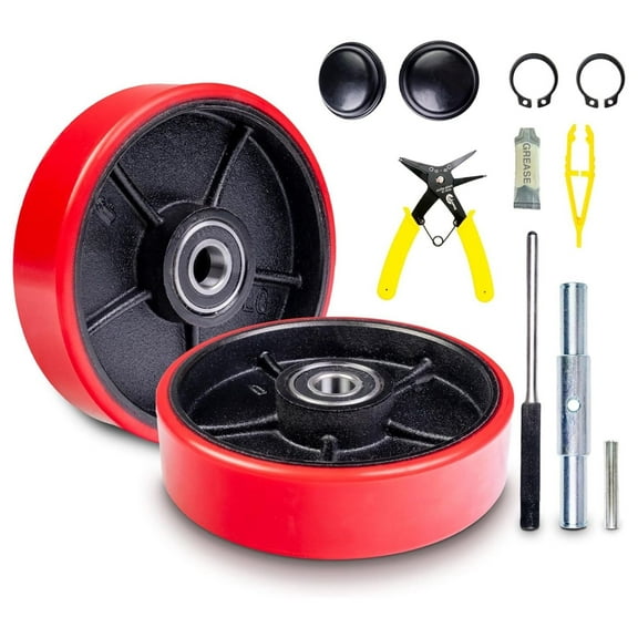 Pallet Jack/Truck Steering Wheels Set with Axle, Fasteners and Protective (4 pcs) 7" x 2" with Bearings ID 20mm Tread Red, Tool Kit Included