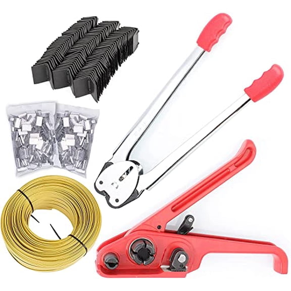 Pallet Packaging Strapping Banding Kit - Tensioner Cutter Sealer Tools, Poly Strapping with 100pc Open Seals and 100pcs Corner Protector, Heavy Duty PP Plastic Strapping Kit for 1/2"~3/4" Strap