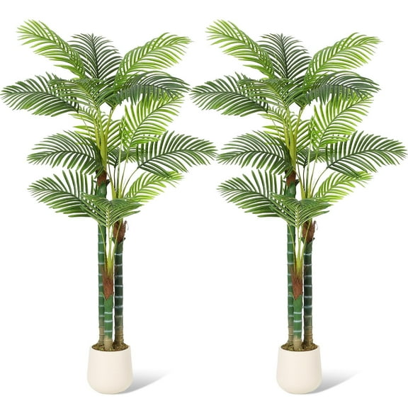 Palm Artificial Tree 6ft Tall Tropical Palm Tree UV Resistant Fake Tropical Golden Cane Palm Tree, Large Faux Palm Plants for Indoor, Outdoor, Patio, Poolside, Lawn, Porch and Home Office Decor, 2Pcs