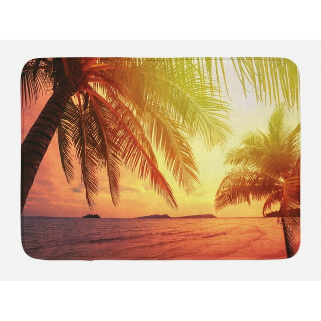 Palm Bath Mat, Sunset Photo in Warm Colors at Tropical Beach Dramatic Sky and Ocean, Plush Bathroom Decor Mat with Non Slip Backing, 29.5" X 17.5", Multicolor, by Ambesonne