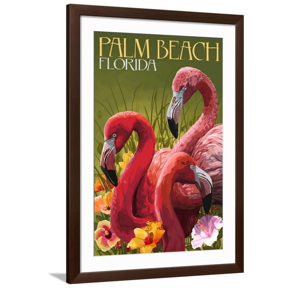 Art.com Palm Beach, Florida - Flamingos Art Print by Lantern Press, Brown Frame Wall Art, 32" x 44"