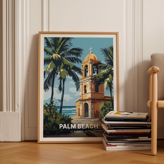 Palm Beach Florida Travel Poster, Coastal Wall Art, Beach Home Decor, Clock Tower Print, Unique Florida Gift Idea Wall Art, Modern Wall Decor, 8x12 UNFRAMED