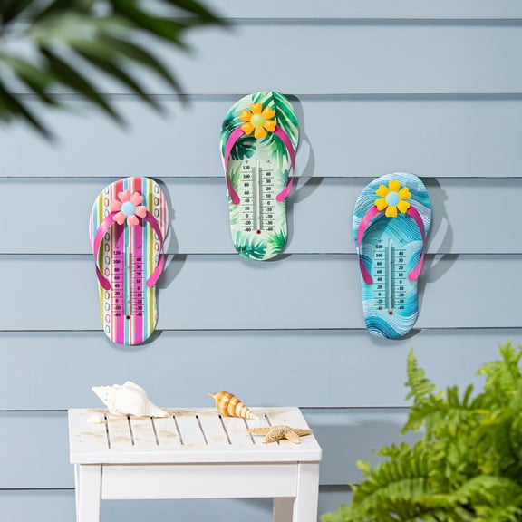 Palm Beach Thermometer, Metal Outdoor Thermometer, Flip Flops, 16", Asst of 3