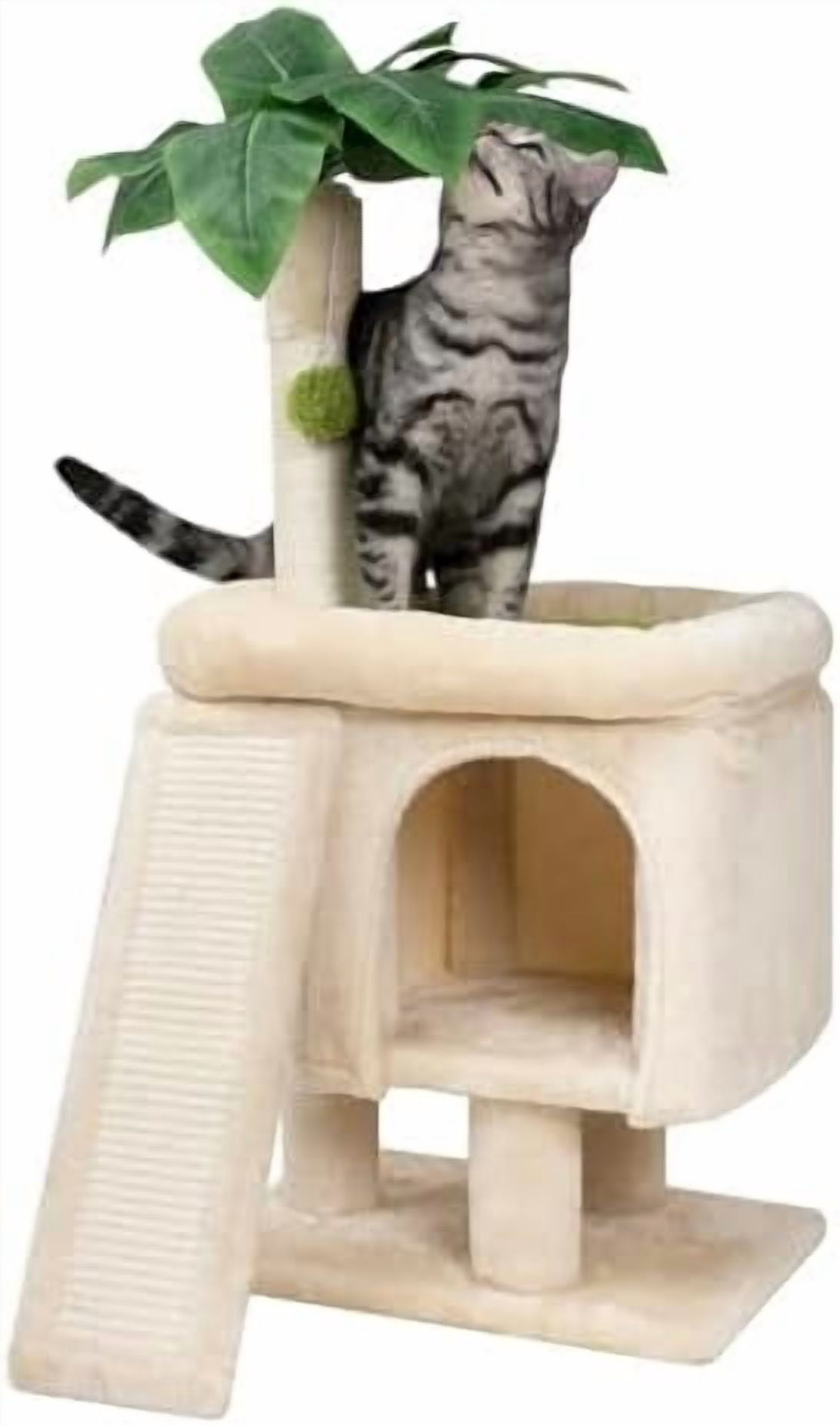 Palm Cat Tree Tower for Indoor Cats with Cozy Cat Condo, 33'' Natural Sisal Scratching Posts and Plush Pom-pom for Small Kitty