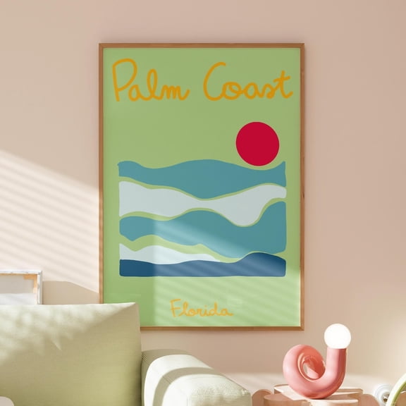 Palm Coast Travel Poster Minimal Tropical Preppy Decor, Unframed Paper Print Size 8x12