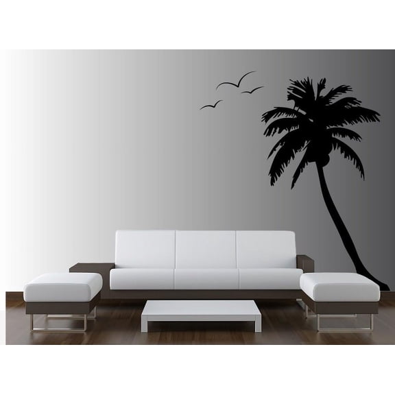 Palm Cocunut Tree Wall Decal with Seagull s #1107 96" (8 Feet) Tall