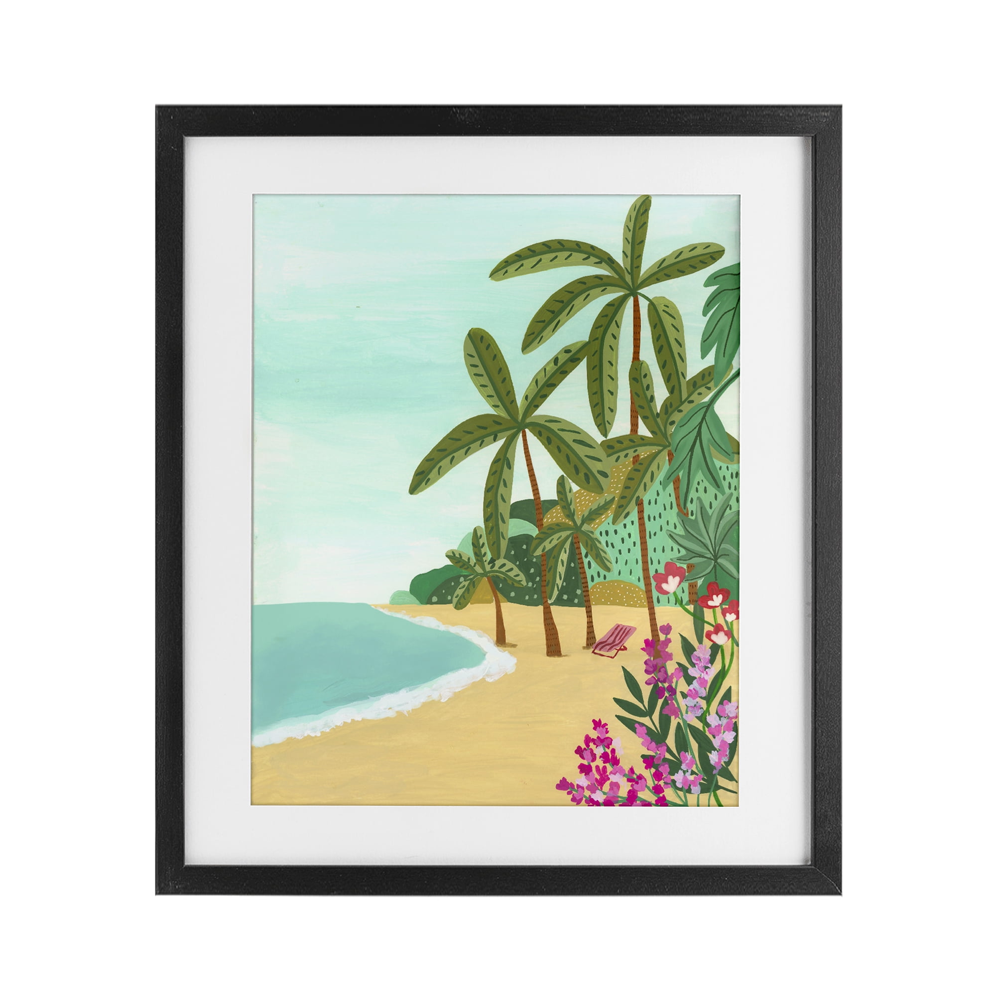 Palm Filled Shoreline Black Framed Print Under Glass, design by Nabeela Rumi
