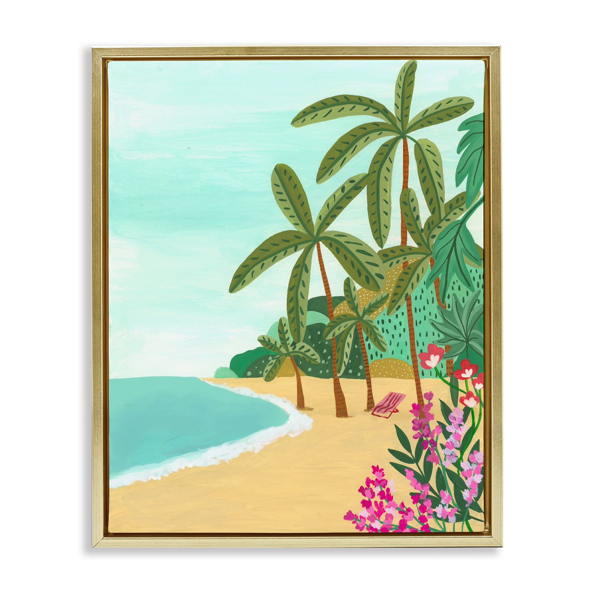 Palm Filled Shoreline Gold Framed Floater Canvas Wall Art, design by Nabeela Rumi