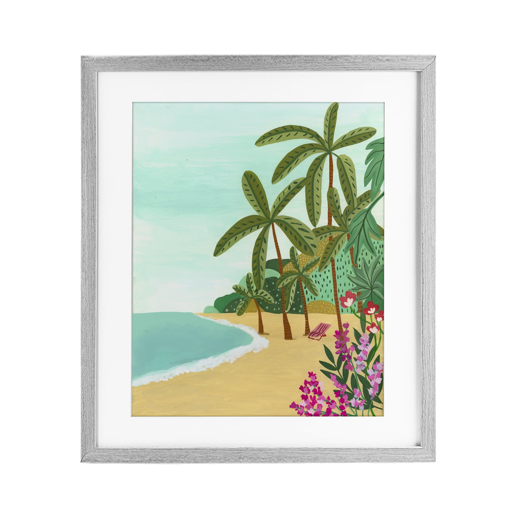 Palm Filled Shoreline Gray Framed Print Under Glass, design by Nabeela Rumi