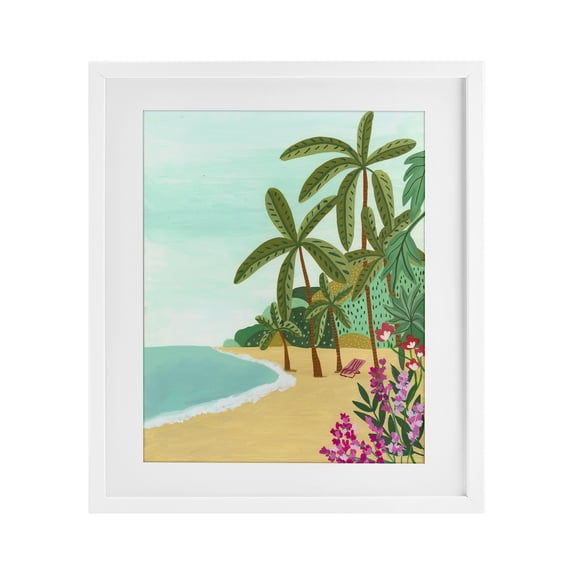 Palm Filled Shoreline White Framed Print Under Glass, design by Nabeela Rumi