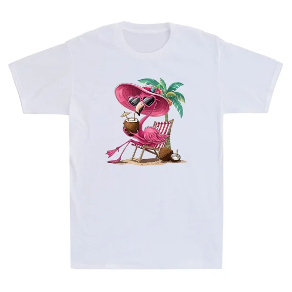 Palm Flamingo Pink Beach Tree Funny Summer Vacation Graphic Unisex T-Shirt
