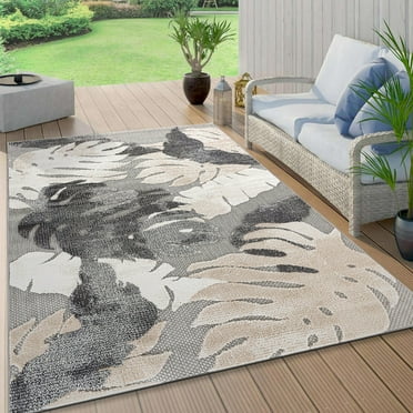 World Rug Gallery Arles Palm Floral Leaves Indoor/Outdoor Area Rug - Gray 5' x 7'