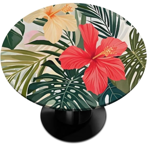 Palm Flower Round Fitted Tablecloth with Elastic Table Cover Round Elastic Tablecloth, Waterproof Wipeable Fitted Table Cloth, Fits Tables up to 36"-42" Diameter