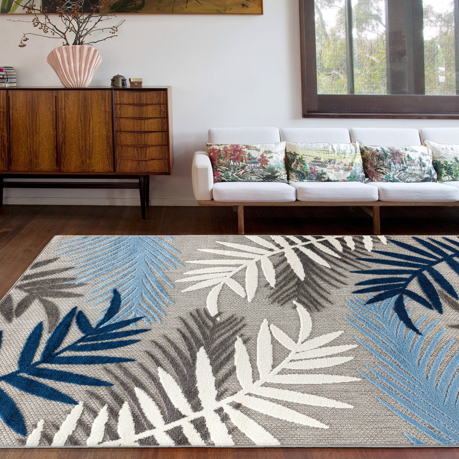 Blue Floral Synthetic 5' x 7' Flat Woven Area Rug