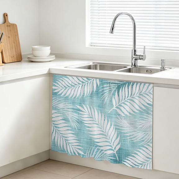 Palm FrondsRustic Teal Leaf Plant Linen Texture Farmhouse Botanical Cabinet Curtains for Kitchen 10"W x 11"L, Under Sink Skirt Magic Tape Short Curtain Decorative Privacy Panel for Bathroom Laundry