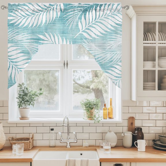Palm FrondsRustic Teal Leaf Plant Linen Texture Farmhouse Botanical Swag Valance for Windows, Swag Curtains Valances for Small Window Treatment Rod Pocket for Kitchen Bathroom 1 Panel 56x36in
