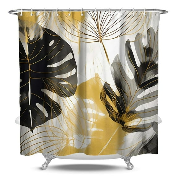Palm Gold and Black Leaves Shower Curtains, Farmhouse Shower Curtains for Bathroom,Waterproof Fabric Shower Curtain Set with 12 Hooks Decor 84×72 Inch