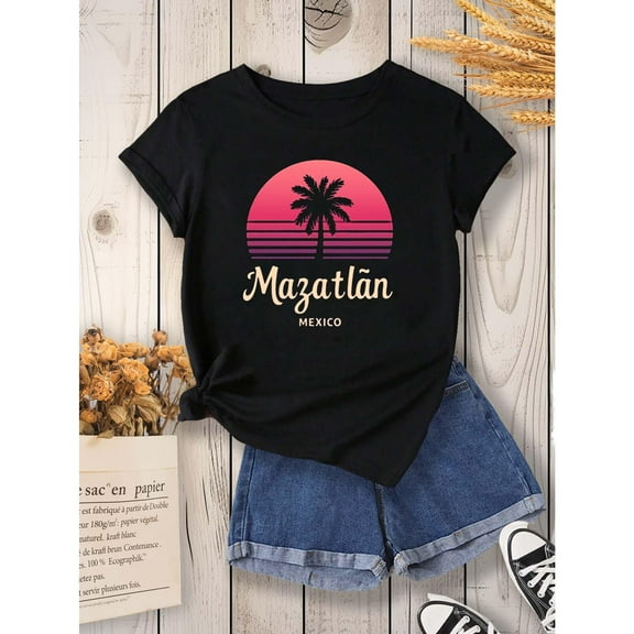Palm Graphic Print Tees, "Sunset"Pattern Casual T Shirt,Short Sleeve Round Neck,Daily Tops,Size(S-5XL)