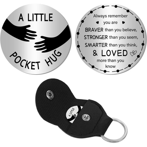 Palm Heart Pocket Hug Token Long Distance Relationship Keepsake Stainless Steel Double Message Engraved Token Holder with PU Keychain for Inspirational Birthday Gift 1.2 x 1.2Inch