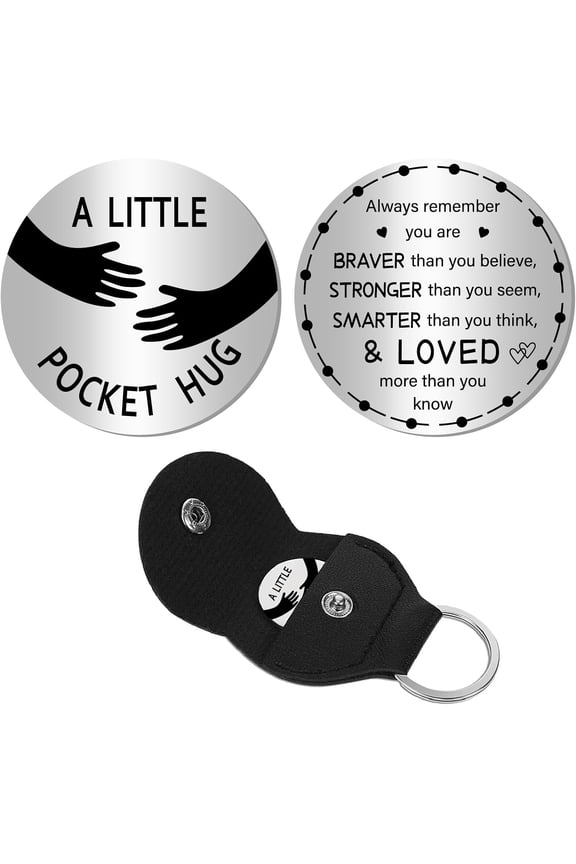 Palm Heart Pocket Hug Token Long Distance Relationship Keepsake Stainless Steel Double Message Engraved Token Holder with PU Keychain for Inspirational Birthday Gift 1.2 x 1.2Inch