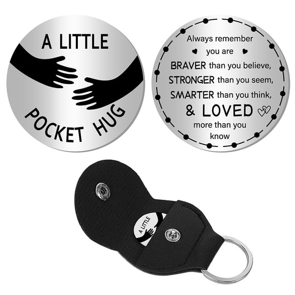 Palm Heart Pocket Hug Token Long Distance Relationship Keepsake Stainless Steel Double Message Engraved Token Holder with PU Keychain