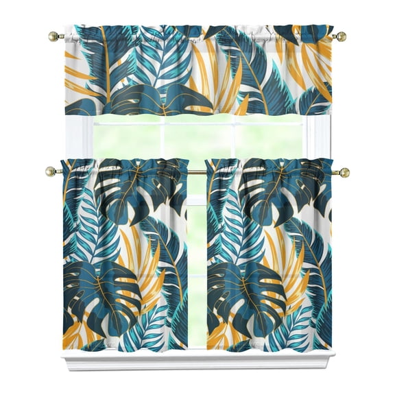 Palm Inspired Kitchen Curtains Set, Tier and Valance Set, Colorful Tropical Leaf Window Curtains for Nursery and Living Room