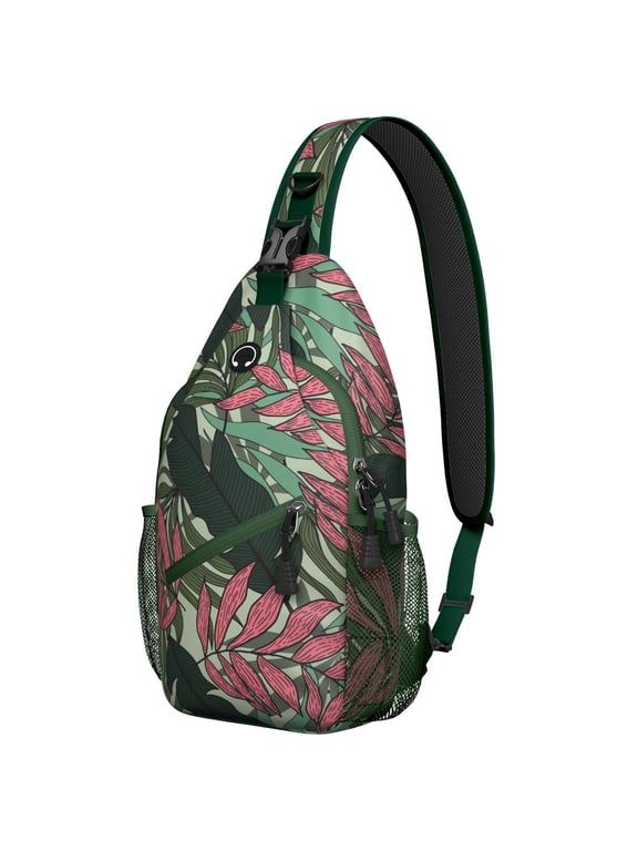 Palm Inspired Sling Backpack with Hawaiian Floral Print, Lightweight Travel Crossbody Bag for Beach Vacation, Jungle Leaves, Colorful Exotic Botanical Design