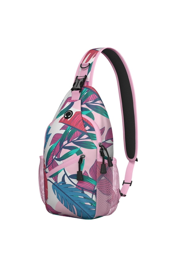 Palm Inspired Sling Backpack with Hawaiian Floral Print, Lightweight Travel Crossbody Bag for Beach Vacation, Jungle Leaves, Colorful Exotic Botanical Design