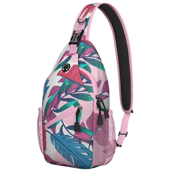 Palm Inspired Sling Backpack with Hawaiian Floral Print, Lightweight Travel Crossbody Bag for Beach Vacation, Jungle Leaves, Colorful Exotic Botanical Design
