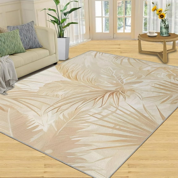 Palm Leaf Area Rugs Retro Sand Color Tropical Rainforest Plant Leaves Washable Rug, Non-Slip Carpet Pattern Clear Low Pile For Hardwood Floors Office 3x5ft