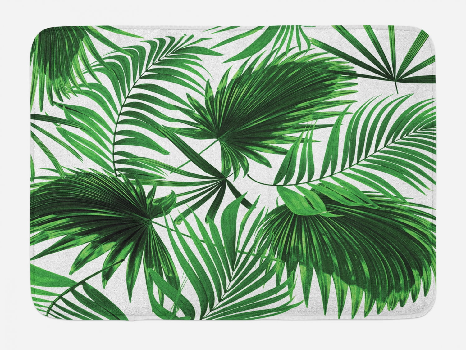 Fern Green and White Palm Leaf Plush Bath Mat