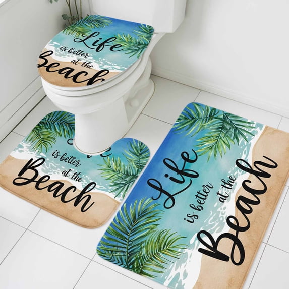 Palm Leaf Bathroom Rugs Set Life Is Better at The Beach Green Leaf Non Slip Absorbent Soft Bath Mats 3 Piece Set with Bathroom Rug, U-Shaped Floor Mat, Toilet Seat Cover Small Size