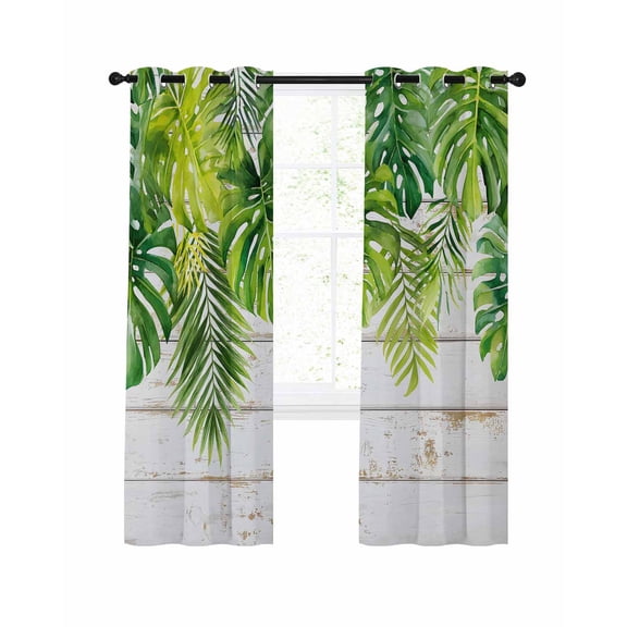 Palm Leaf Blackout Curtains for Bedroom Living Room, Green Tropical Plant Rustic Country Farm White Wood Grain 96 In Long Thermal Insulated Room Darkening Drapes Grommet Window Treatments, 52 x 96 In
