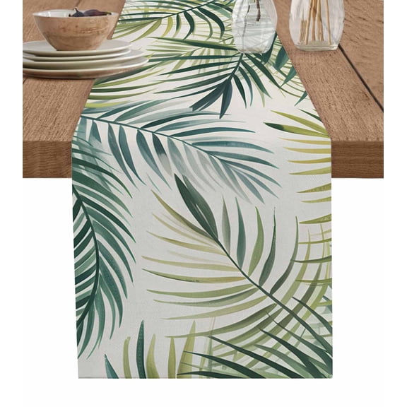 Palm Leaf Burlap Cotton Table Runner 13x60 Inches Long, Green Tropical Plant Summer Botanical Farmhouse Table Runners, Outdoor Dining Tablecloths Decor for Baby Shower/Party/Wedding