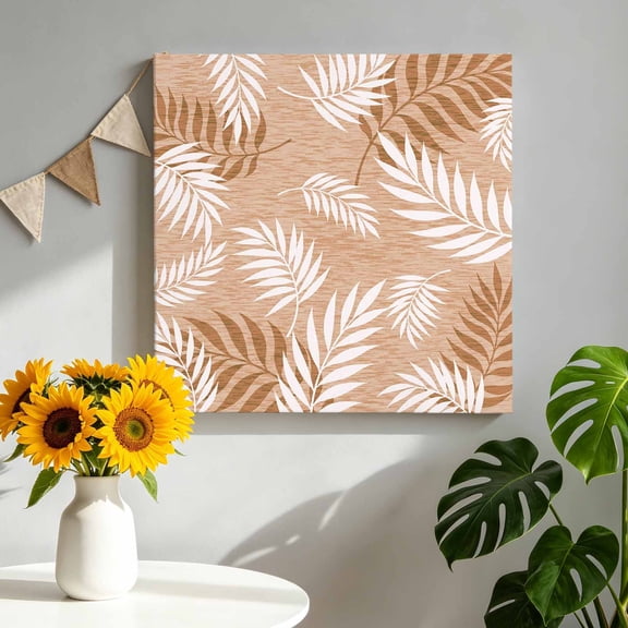 Palm Leaf Canvas Wall Art, Tropical Foliage White Brown Fern Fronds Rustic Country Framed Canvas Wall Decor Picture Print Artwork Decorations for Living Room Office Ready to Hang 12" x 12"