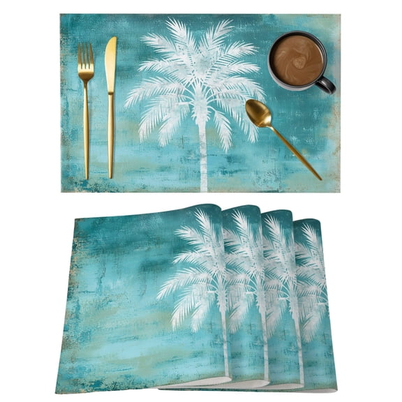 Palm Leaf Cotton Linen Placemats Set of 4, Coastal White Palm Tree Teal Green Washable Table Place Mats Heat Insulating Placemat for Dining Room Kitchen Daily Use 13 x 19 Inch