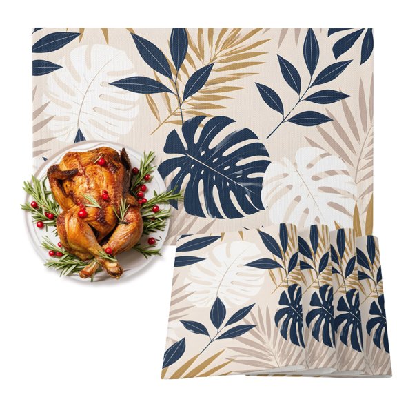 Palm Leaf Cotton Linen Placemats Set of 4, Dark Navy Monstera Leaf Tropical Stem Beige Fern Frond Washable Table Place Mats Heat Insulating Placemat for Dining Room Kitchen Daily Use 13 x 19 Inch