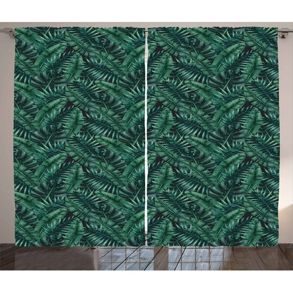 Ambesonne Palm Leaf Curtains 2 Panel Set, Fresh Hawaii Summer, 108" x 84", Dark Green Black