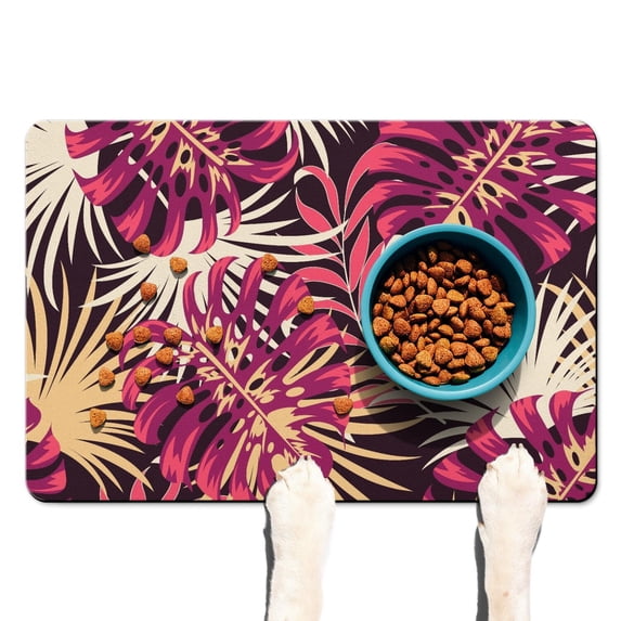 Palm Leaf Dog Bowl Mat - Hawaiian Floral Pet Feeding Mat - 4-Layer Absorption - Non-Slip Bottom - Summer Vibes Print - Large Size - Easy Clean & Quick Dry - For Families