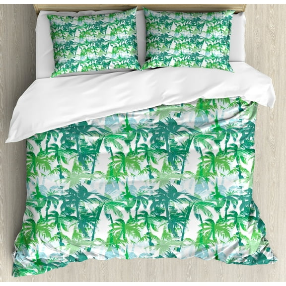 Palm Leaf Duvet Cover Set, Exotic Fantasy Abstract Coconut Tree Silhouettes Green Jungle, Decorative 3 Piece Bedding Set with 2 Pillow Shams, Queen Size, Forest Green Lime Green, by Ambesonne