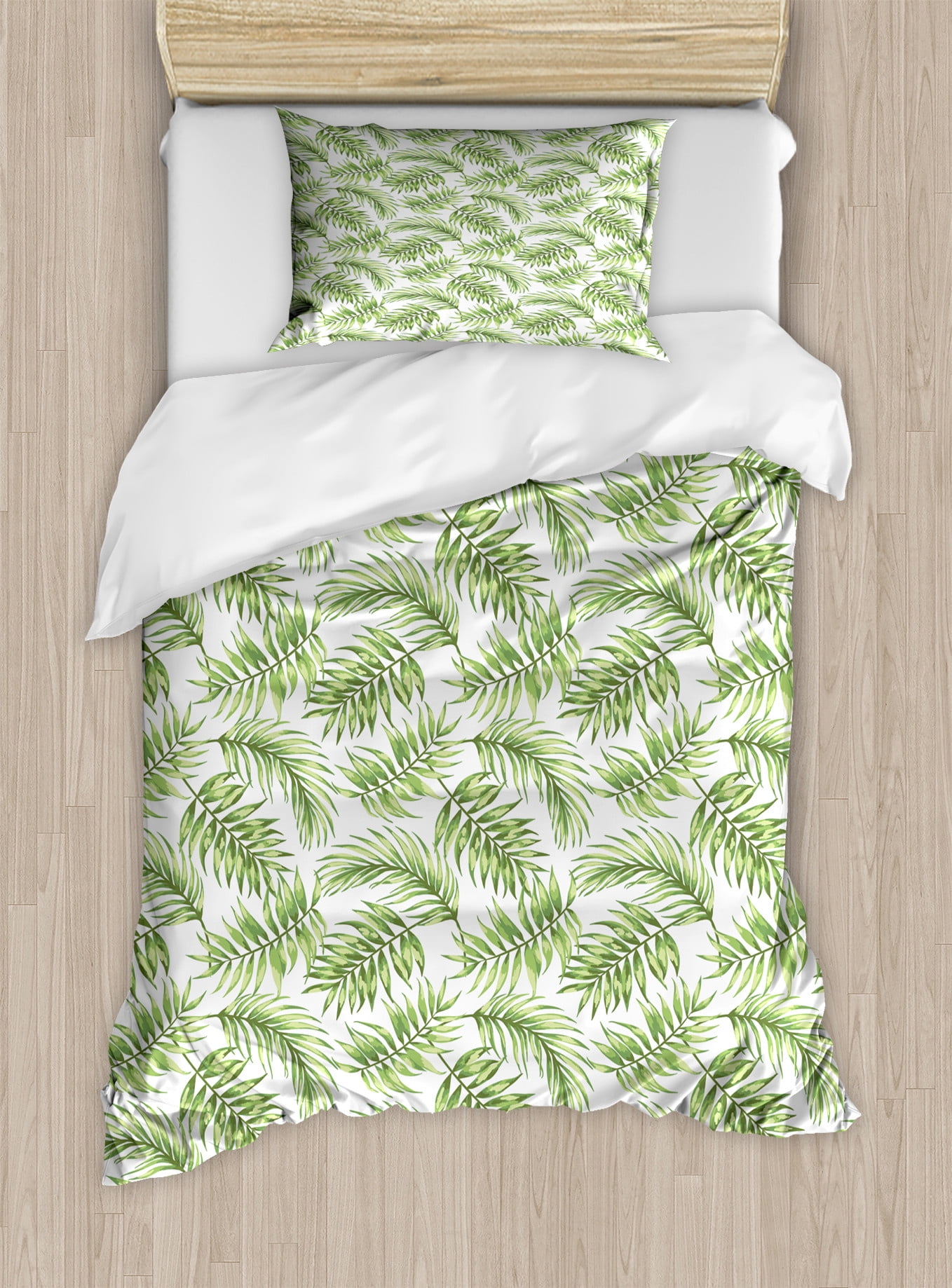Ambesonne Palm Tree Bed Runner & 2 Shams Set – 88"x19.5" Runner, 20" Shams, Pale Sepia & Multicolor, Satin Polyester
