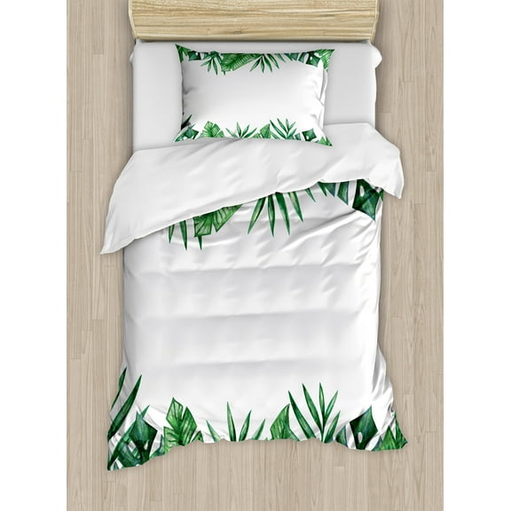 Palm Leaf Duvet Cover Set, Framework with Rainforest Foliage Leaves in Watercolors, Decorative 2 Piece Bedding Set with 1 Pillow Shams, Twin Size, Hunter Green, by Ambesonne