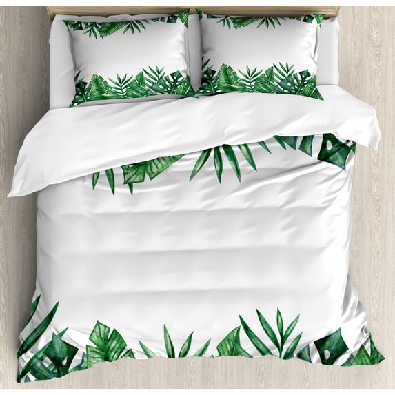 Palm Leaf Duvet Cover Set, Framework with Rainforest Foliage Leaves in Watercolors, Decorative 3 Piece Bedding Set with 2 Pillow Shams, Queen Size, Hunter Green, by Ambesonne